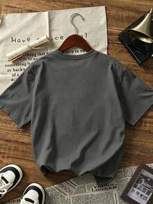Playeras de Mujer Cuello Redondo Manga Corta, Camiseta con Estampado de Moda Actual, Tops Básicos Casuales - Gris Oscuro - Ver 2