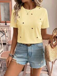 Frenchy Camiseta casual de manga corta para uso diario con corazón bordado en hilo dorado para mujer, camiseta de verano para mujeres con atuendo de fiesta de té de algodón, parte superior bordada, camiseta de algodón para mujeres.Tops de verano - Amarillo claro - Ver 3