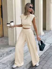 Conjunto de 2 piezas de blusa y pantalones con lazo en la espalda de unicolor para mujer, un conjunto de top holgado y pantalón de pierna ancha con lazos en la espalda, unicolor, elegante y casual, adecuado para el uso diario, primavera/verano - Albaricoque - Ver 1