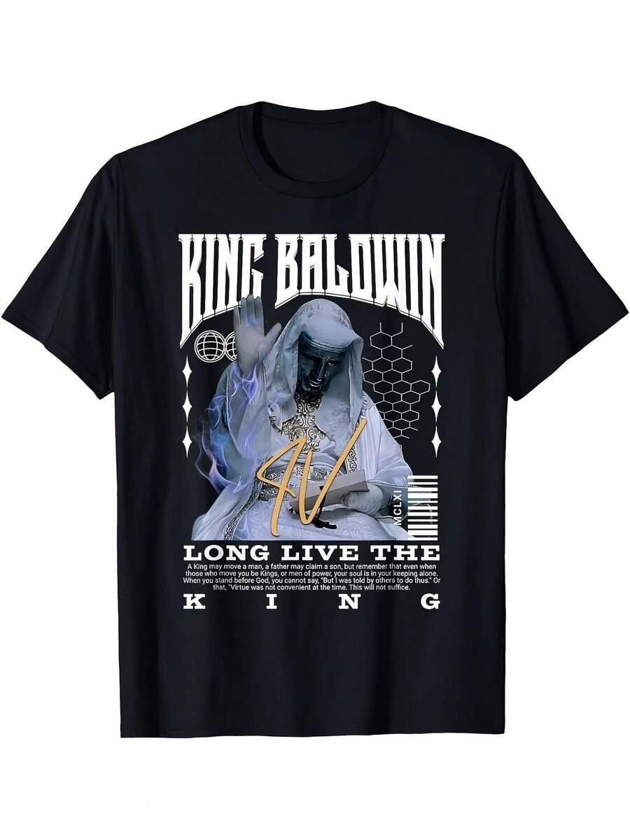 Unisex Graphic T-Shirt For Men And Women, King Baldwin IV Knight Design, Medieval Inspiration, Short Sleeve, Crew Neck, Casual Style, Comfortable For All Seasons, Durable Digital Print - 黑色 - 查看 1