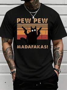 Camiseta Gráfica Casual Unisex para Hombre y Mujer, con Estampado de Gato de Dibujos Animados y Letras Gruesas "PEW PEW MADAFAKAS", Blanca, de Manga Corta para Verano, Corte Regular, Diseño Divertido y Humorístico, No Transparente, Lavable a Máquina. - Negro - Ver 8