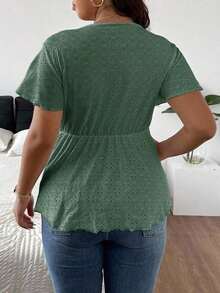 CosyJoli Camiseta de mujer de talla grande con cuello en V, parche de encaje y textura a rayas en forma de A - Verde - Ver 2
