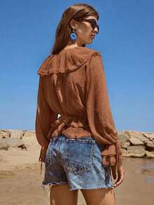 Blusa con botones y mangas con volantes con estampado floral de verano - Marrón - Ver 6