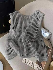 Women's New Hollow V-Neck Sleeveless Knit Tank Top, Lightweight For Spring/Summer - Grey - View 3