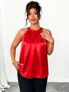 Camiseta sin mangas con pliegues 3D elegante para mujer de talla grande, versátil para fiesta, té de la tarde, ir al trabajo, color caqui - Rojo - Ver 7