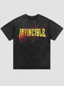 Camisetas lavadas con estampado de logotipo de mancha de sangre invencible, merch de Harajuku, camiseta de anime para adultos, para hombres y mujeres. - Negro - Ver 5