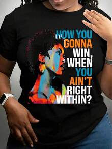 "New For 2026" Women's Short Sleeve T-Shirt With Round Neck And Letter Print, Graphic Tees, Women's Tops, Cotton T-Shirt - 黑色 - 查看 11