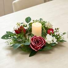 Flower Wreath Candle Rings Decorative Rose Wreath Pillar Candle Garland For Home Dining Table - Burgundy - View 5