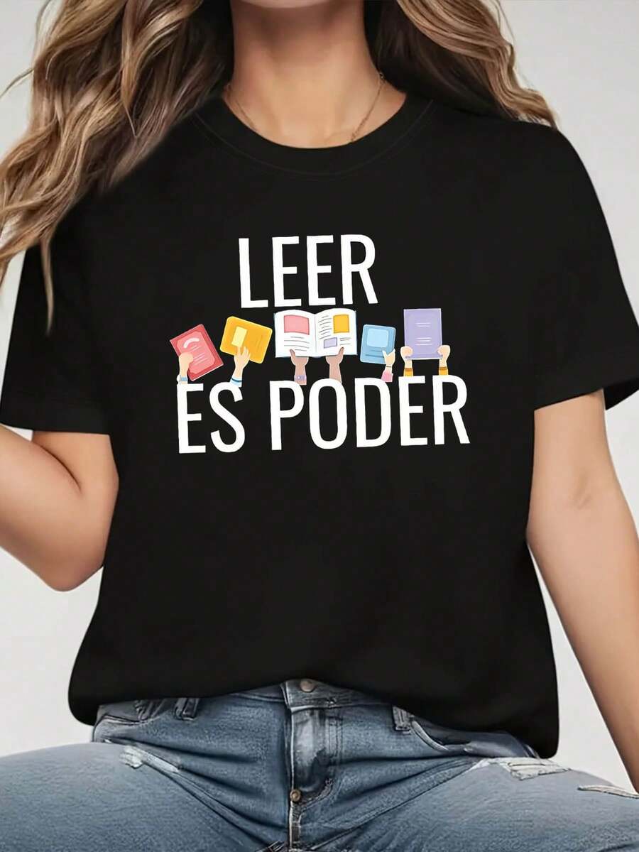 Women's Essential Casual T-Shirt, Minimalist Style With "READING IS POWER" Text Print, Round Neck, Short Sleeve, For Spring/Summer, Suitable For Casual Outings, Holiday Gifts And Meetings With Friends, With A Focus On Promoting Reading, Made Of Soft Cotton For Everyday Wear. - 黑色 - 查看 1
