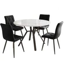 Dining Table And Chair Set (5 Pieces), Modern, Simple, Round, Marble, With Black Metal Table Legs + 4 Ergonomic Black Suede Chairs. - Black and White - View 3