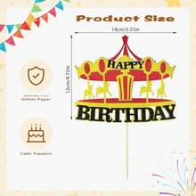 Carousel Happy Birthday Cake Topper Glitter Vintage Circus Tent Carnival Cake Decor For Amusement Park Circus Theme Baby Shower Birthday Party Cake Decorations Supplies - như hình - Xem 3