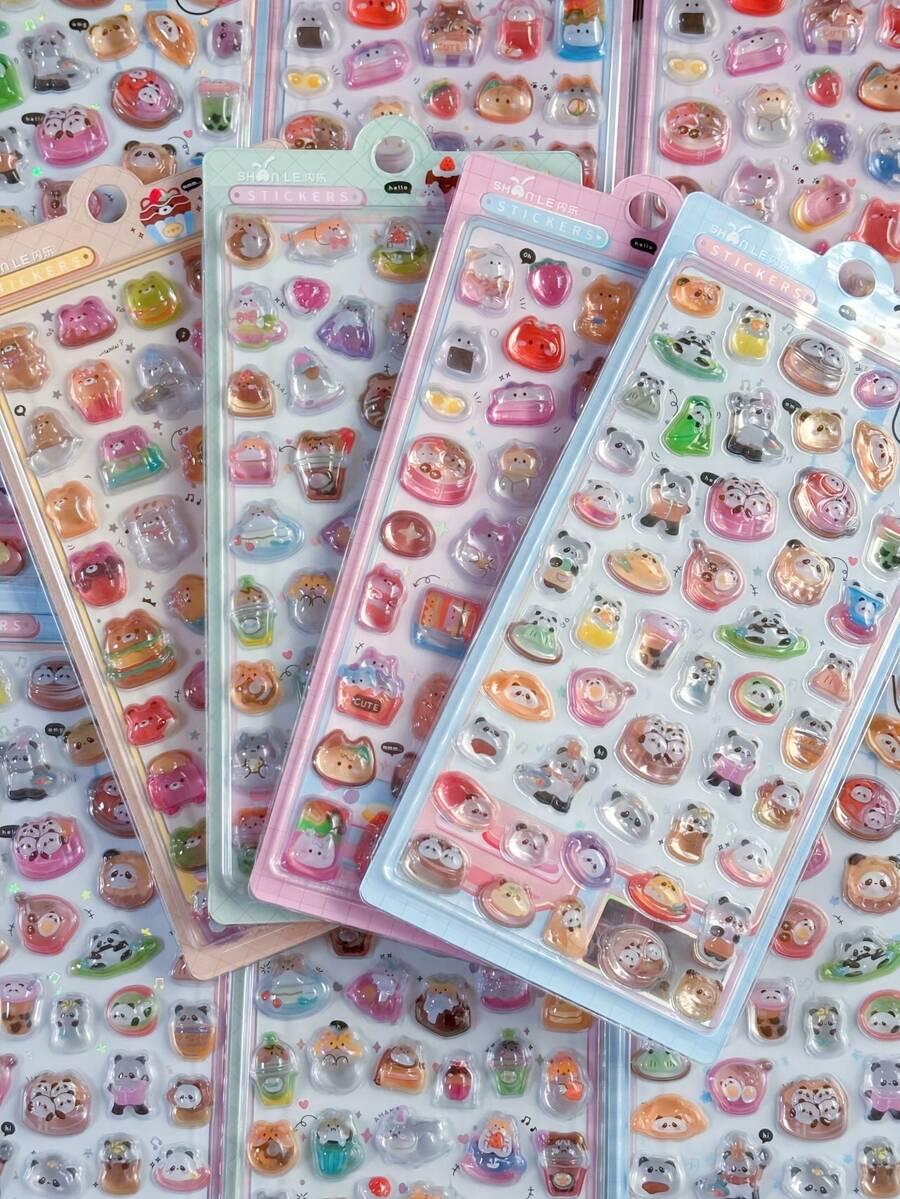 3D立体浮雕卡通熊猫、猫、兔子贴纸，采用厚实树脂材料制成，适用于装饰、水瓶、手机壳、日记本等。