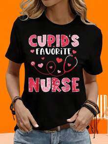 GraphicLadies Short Sleeve T-Shirt For Leisure, Outdoor Activities And Home, 220g, Cupid's Favorite Nurse T-Shirt For Valentine's Day, With Stethoscope Design And Heart Pattern, Women's T-Shirt For Leisure, Outdoor Activities, Holidays And Parties, Gift. - 黑色 - 查看 1