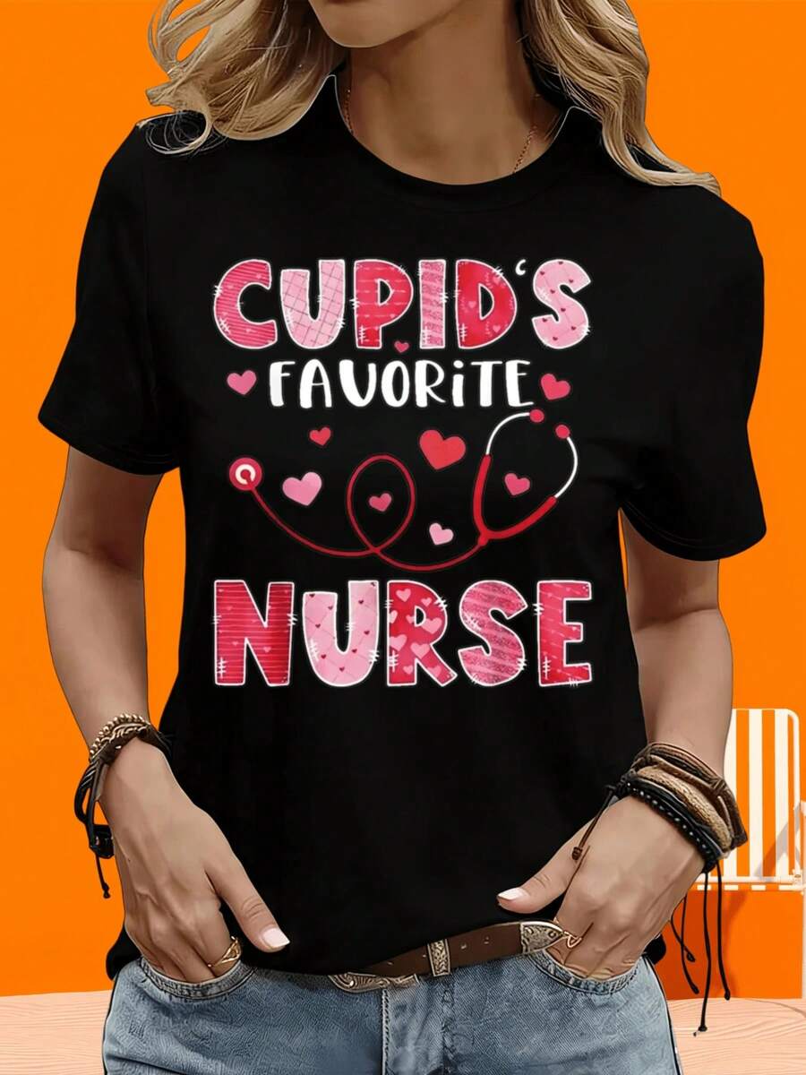 GraphicLadies Short Sleeve T-Shirt For Leisure, Outdoor Activities And Home, 220g, Cupid's Favorite Nurse T-Shirt For Valentine's Day, With Stethoscope Design And Heart Pattern, Women's T-Shirt For Leisure, Outdoor Activities, Holidays And Parties, Gift. - 黑色 - 查看 1