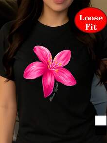 Garden Soul, Floral Pattern Print, Round Neck Short Sleeve T-Shirt, Spring Summer Casual Top, Plus Size Women's Clothing. Y2K Style Sportswear, Round Neck, 100% Cotton, Soft Fabric, Short Sleeve. - 黑色 - 查看 2