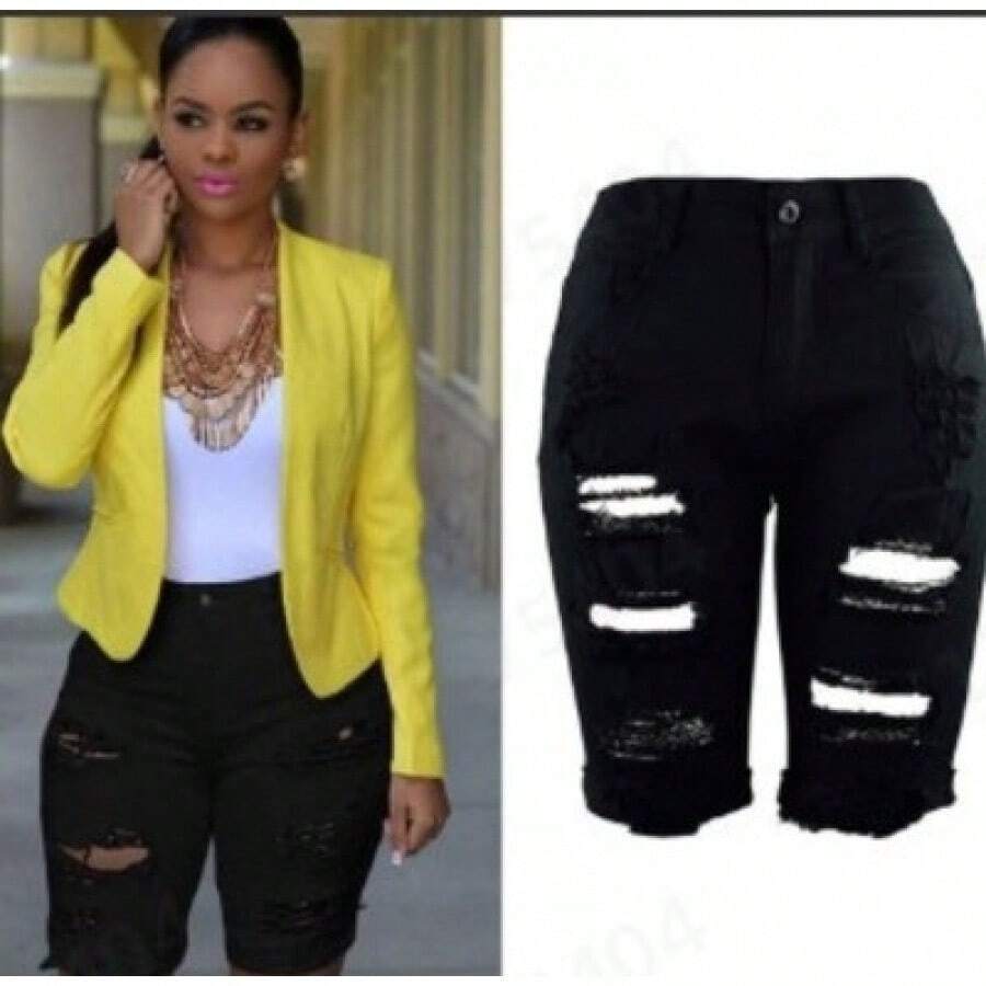 Women's Fashionable High Waist Ripped Denim Shorts - Black - View 1