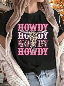 Women's Graphic Cowgirl Style T-Shirts With "Howdy" Text In Pink And Leopard Print With Bull Skull Graphic For Western Parties, 220g Cotton, Summer Tops, Women's Cotton T-Shirts. - 黑色 - 查看 6