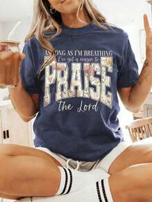 Women's Graphic T-Shirt With "I Sought The Lord And He Heard Me And Answered Me" Print, Bible Verse Print, Summer Tops, Casual Vacation Outfits, Christian Aesthetic Cotton T-Shirts, Summer Clothing. - 海軍藍 2 - 查看 6