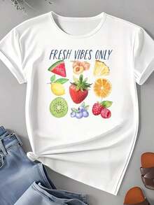 Casual T-Shirt With Fruit Print, Summer Style, Casual Clothing For Women And Girls, Perfect For Beach, Picnic Or Daily Outings, 220g, 100% Cotton, Durable - 白色 - 查看 3