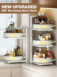 Rotating Spice Rack Organizer For Cabinet, Seasoning Organizer With Suction Bottom, Spice Turntable Shelves, Compact And Versatile, Can Organizer For Pantry, Metal Spice Storage Rack Organizer For Kitchen Countertop, Refrigerator Top, Black / Grey / White - trắng - Xem 1