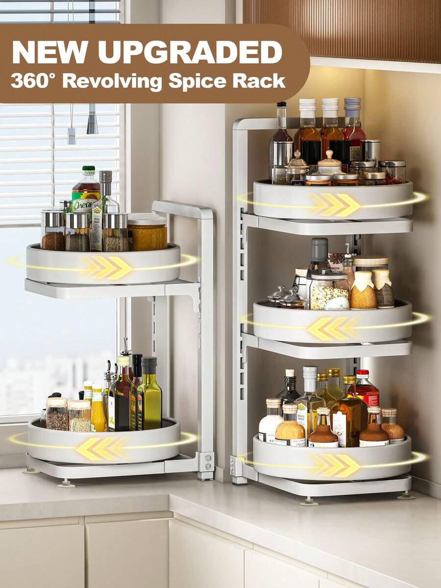 Rotating Spice Rack Organizer For Cabinet, Seasoning Organizer With Suction Bottom, Spice Turntable Shelves, Compact And Versatile, Can Organizer For Pantry, Metal Spice Storage Rack Organizer For Kitchen Countertop, Refrigerator Top, Black / Grey / White - trắng - Xem 1