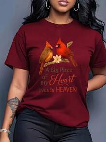 Camiseta de Verano Premium para Mujer con Estampado de Pájaros, Manga Corta, Cuello Redondo, Ropa Casual de Primavera/Verano para Mujer - Negro - Ver 9