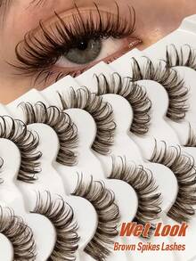 Sibeuna 7 Pairs Wet Glossy Manga Espresso Brown Tipped False Eyelashes, Transparent Band, Seamless Comfortable 3D Fluffy Dense Dramatic Cat Eye Lashes, 15-20mm, Reusable, Beginner Friendly, Curly Slim Eyelash Extensions Makeup Tool, Mocha Brown, Wet Look Lashes - Brown - View 2
