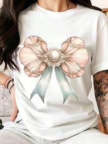 Elegante Camiseta de Mujer con Lazo de Perlas, Diseño de Moda, Ropa Casual de Verano, Regalo para Ella - Blanco - Ver 6