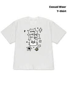 ropa de mujer Camiseta divertida coreana dibujada a mano - Gato lindo, texto coreano y patrones de estrellas/corazones/peces - Camiseta suave e informal de verano adecuada para fans de dramas coreanos y atuendos de estilo K - camisas de mujer - Blanco - Ver 2