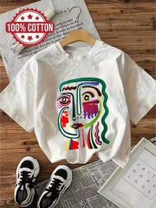 1 camiseta de inspiración femenina - estampado colorido de rostro geométrico, top de manga corta con cuello redondo, suave y transpirable - 100% algodón, ropa casual de primavera/verano, lavable a máquina, tallas inclusivas, promueve una imagen corporal positiva, 180g de algodón. - Blanco - Ver 1
