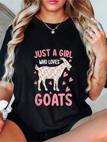 1 camiseta para amantes de las cabras - Diseño floral con corazones, estilo pastorcillo adorable - Camiseta suave para uso diario casual - Fondo negro con diseño de texto rosa - Ropa con temática de granja de animales, lavable a máquina, regalo exclusivo para dueños de cabras, diseño divertido, tela transpirable 100% algodón 180g - Negro - Ver 1