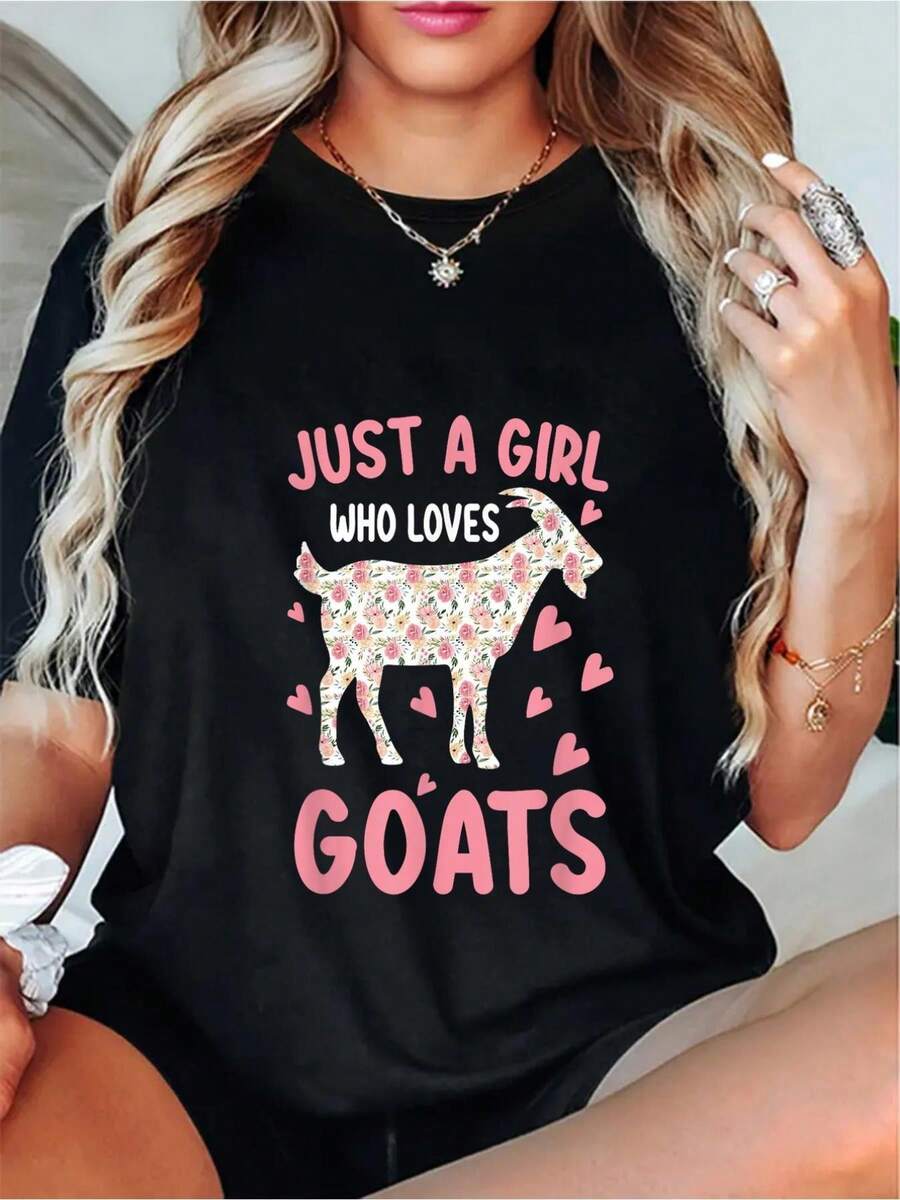 1 camiseta para amantes de las cabras - Diseño floral con corazones, estilo pastorcillo adorable - Camiseta suave para uso diario casual - Fondo negro con diseño de texto rosa - Ropa con temática de granja de animales, lavable a máquina, regalo exclusivo para dueños de cabras, diseño divertido, tela transpirable 100% algodón 180g - Negro - Ver 1