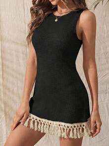 1 pieza Body sin mangas de mujer con textura de malla y flecos largos, estilo elegante - Negro - Ver 3