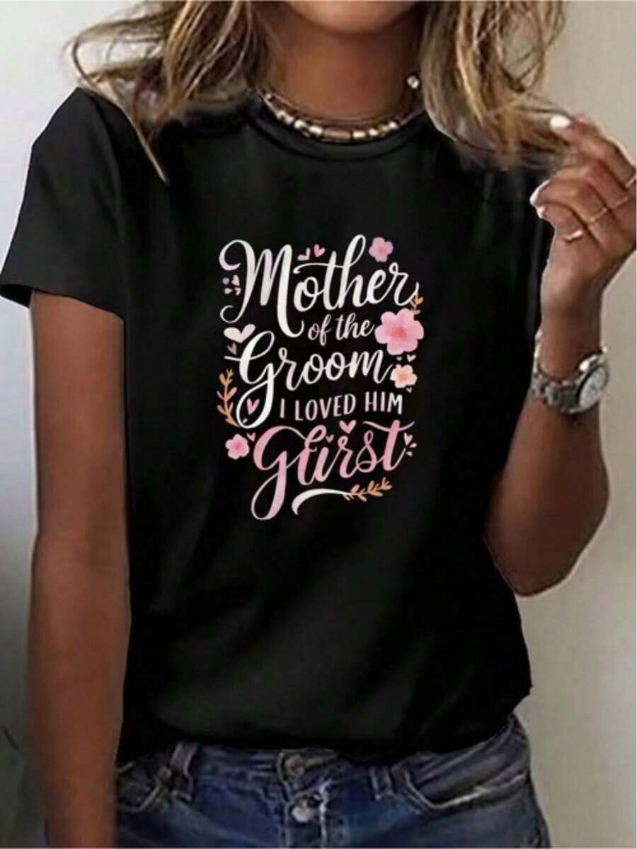 Women's T-Shirt, Casual Top Printed With A Floral Design And The Text "Mother Of The Groom", Sporty Short Sleeves, Suitable For Casual Daily Wear And Holidays. - 黑色 - 查看 1