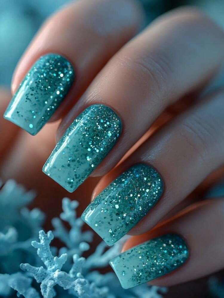 24pcs Blue Gradient Glitter Nail Tips, Rectangular Pressed-On Fake Nails, Y2K Style Nail Art Supplies - Mint Blue - View 1