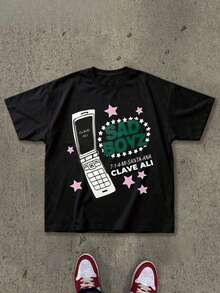 Threadbear (Pure Cotton T-Shirt) "Sad Boyz" With Retro Phone Print And Pink Star - Men's Pure Cotton Short Sleeve T-Shirt, Casual And Modern Style, Loose, Comfortable, Breathable And Soft, Suitable For Daily Leisure Outdoor Activities For Men And Women. - 黑色 - 查看 1