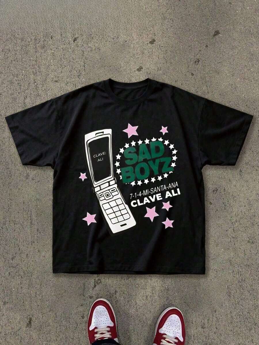 Threadbear (Pure Cotton T-Shirt) "Sad Boyz" With Retro Phone Print And Pink Star - Men's Pure Cotton Short Sleeve T-Shirt, Casual And Modern Style, Loose, Comfortable, Breathable And Soft, Suitable For Daily Leisure Outdoor Activities For Men And Women. - 黑色 - 查看 1