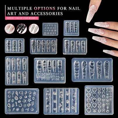 Khuôn silicon 3D tạo hình móng tay mới - Khuôn khắc và dập nổi (Hoa/Trái tim) | Dụng cụ tạo hình móng tay 3D nổi có thể tái sử dụng - Thích hợp cho tiệm nail và sử dụng tại nhà.