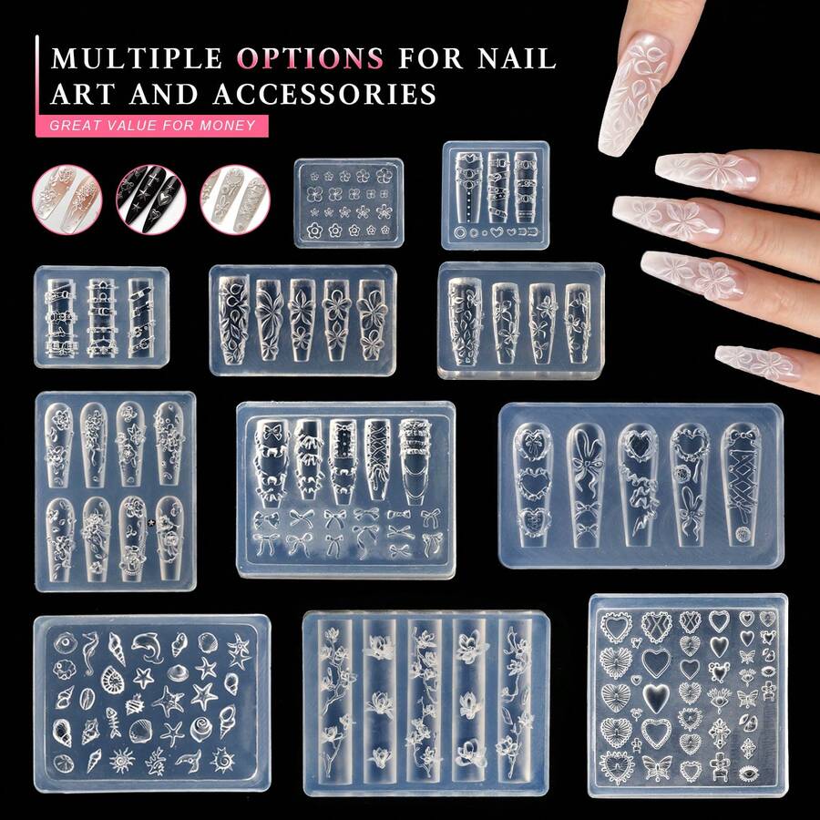 Khuôn silicon 3D tạo hình móng tay mới - Khuôn khắc và dập nổi (Hoa/Trái tim) | Dụng cụ tạo hình móng tay 3D nổi có thể tái sử dụng - Thích hợp cho tiệm nail và sử dụng tại nhà. - Nhiều màu - Xem 1