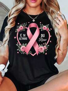 Women's Tops, Women's T-Shirts, Mother's Day, Casual Blouses For Ladies, Women's Tops, 2000s Style, Graphic Print T-Shirt With Bow And Flower For Breast Cancer Awareness Month, Casual Short Sleeve Round Neck T-Shirt For Women, Spring-Summer, Daily Leisure, Holiday Gift, Festive Activity. - 黑色 - 查看 6