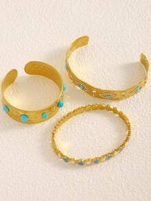 1/3 Peças Conjunto de Pulseiras Vintage de Luxo com Incrustação de Zircônia Falsa de Turquesa, Minimalista Versátil para Uso Casual, Presente para Ela - Multicolorido - Visão 6