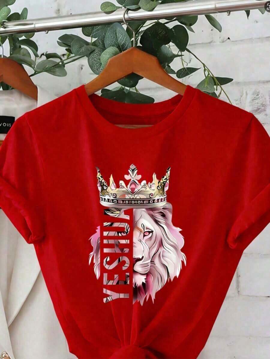 Women's T-Shirt With Lion King And Lioness Crown Design - Beige With Pink And Gold Lettering, Short Sleeve, Crew Neck, Casual Style For Spring And Summer, Christian Faith Clothing With Text (Lion Of Judah And Joshua Design), Machine Washable, Opaque Fabric, Loose Fit, Lion Crown Print, Modern And Comfortable For Women, Breathable Material, Soft Fabric, Loose And Comfortable Blouse For Summer. Unisex Cotton Short-Sleeved Crew Neck T-Shirt With Urban Vintage Style - 紅色的 - 查看 1