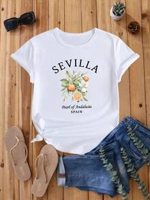 Camiseta casual holgada de verano con estampado de recuerdos de Sevilla, España - Blanco - Ver 7