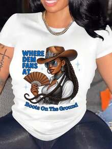 Women's Casual T-Shirt With "WHERE DEM FANS AT", "Boots On The Ground" And "Cowgirl With Fan" Print, T-Shirts For Cultural Events, General Use T-Shirts, Women's T-Shirts. - 白色 - 查看 6