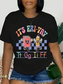 Men's T-Shirt "It's Friday - Yay!" TGIF For Teachers - 100% Cotton, Crew Neck, Short Sleeve, Fun School-Themed Graphic Showing Cartoon Books And Pencils, Teacher Apparel, Casual Style, Glossy Finish. - 黑色 - 查看 6