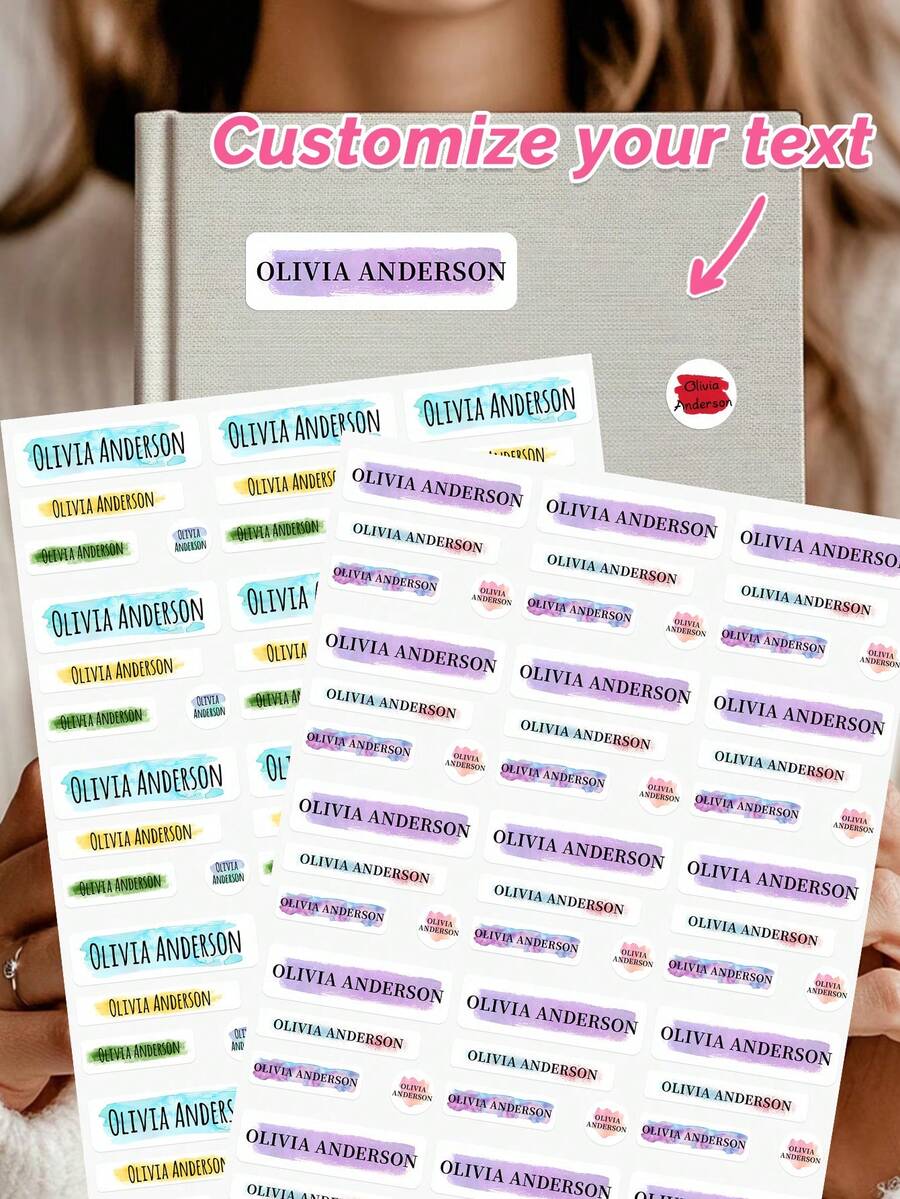 Customized Watercolor Brush Stroke Name Sticker, Personalized Waterproof Decal With Removable Design, Suitable For Student Supplies, Water Bottles And Daily Items - Multicolor - View 1