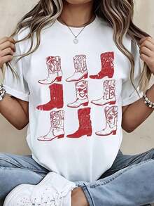 Women's Clothing Cowboy Boot Print T-Shirt, Red Western Boot Design, Casual Women's Clothing, Outdoor Style, Fashion Top, Summer Set, Women's Shirts - 白色 - 查看 6