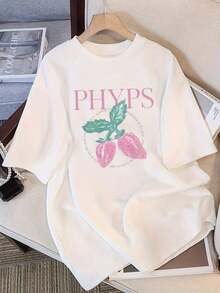 Pure Cotton T-Shirt For Summer 2026 - Women's White Short Sleeve T-Shirt, Modern Minimalist Style Y2K - Strawberry Print And PHYP Pattern, Loose Crew Neck, 100% Pure Cotton, Machine Washable, Suitable For Daily Wear, Fun Design, Comfortable Fabric, Versatile Printed T-Shirt For Summer - 白色 - 查看 7