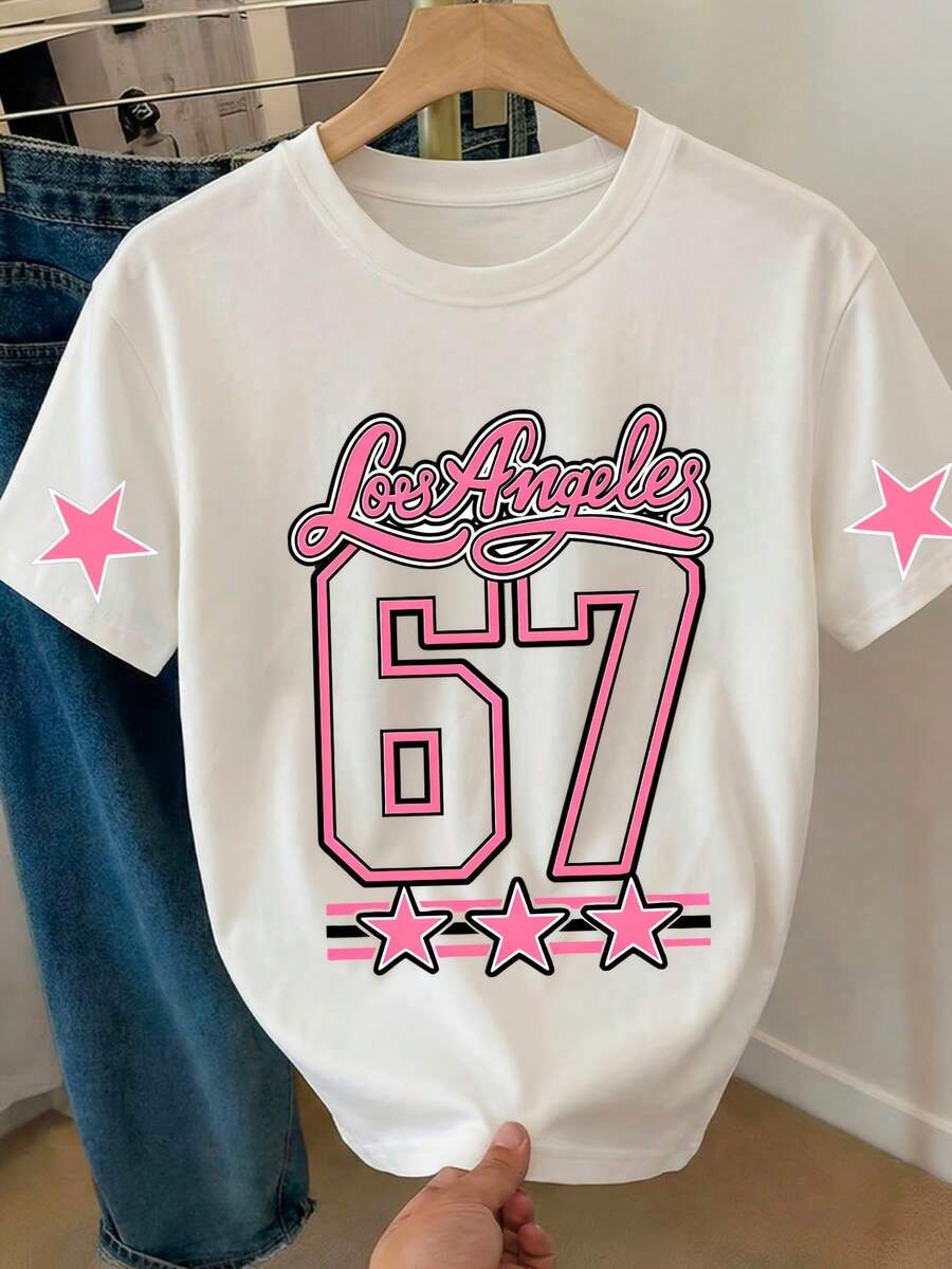 Women's Los Angeles '67 Print T-Shirt - Sweet Style Round Neck Short Sleeve Casual Blouse | Ideal For Casual Outfits, Sports And Layering, Machine Washable, T-Shirt For Spring, Summer And Autumn - 白色 - 查看 1