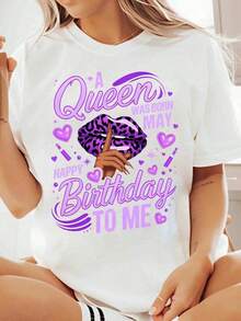 Women's Cotton T-Shirts, "A Queen Was Born In May, Happy Birthday To Me", Women's T-Shirt, Birthday Gift, Purple Lipstick Design, Cute And Fun Birthday T-Shirt, Women's Basic Blouses - 白色 - 查看 1